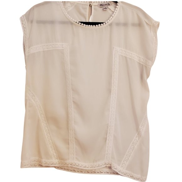 Faith and Joy Tops - Faith & Joy White/Ivory Lace Trim Pom Pom Neck Blouse - SZ Small